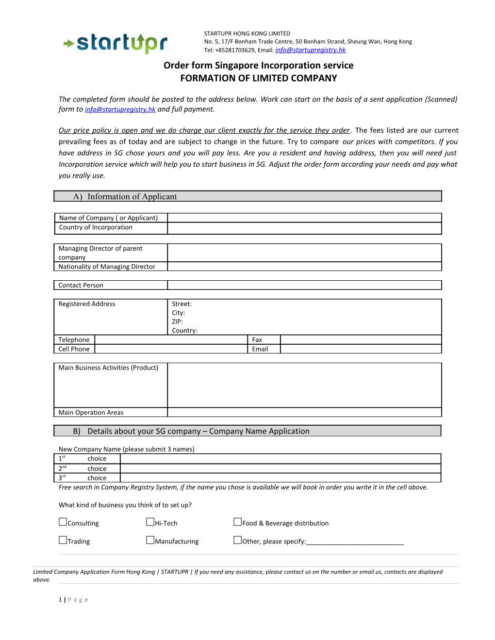 Order Form Singapore Incorporation Service