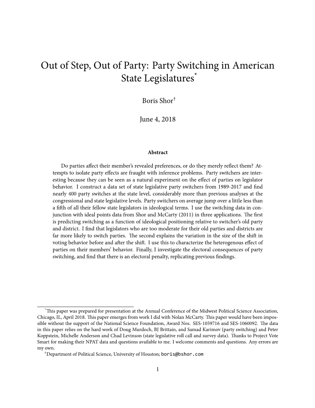 Party Switching in American State Legislatures*