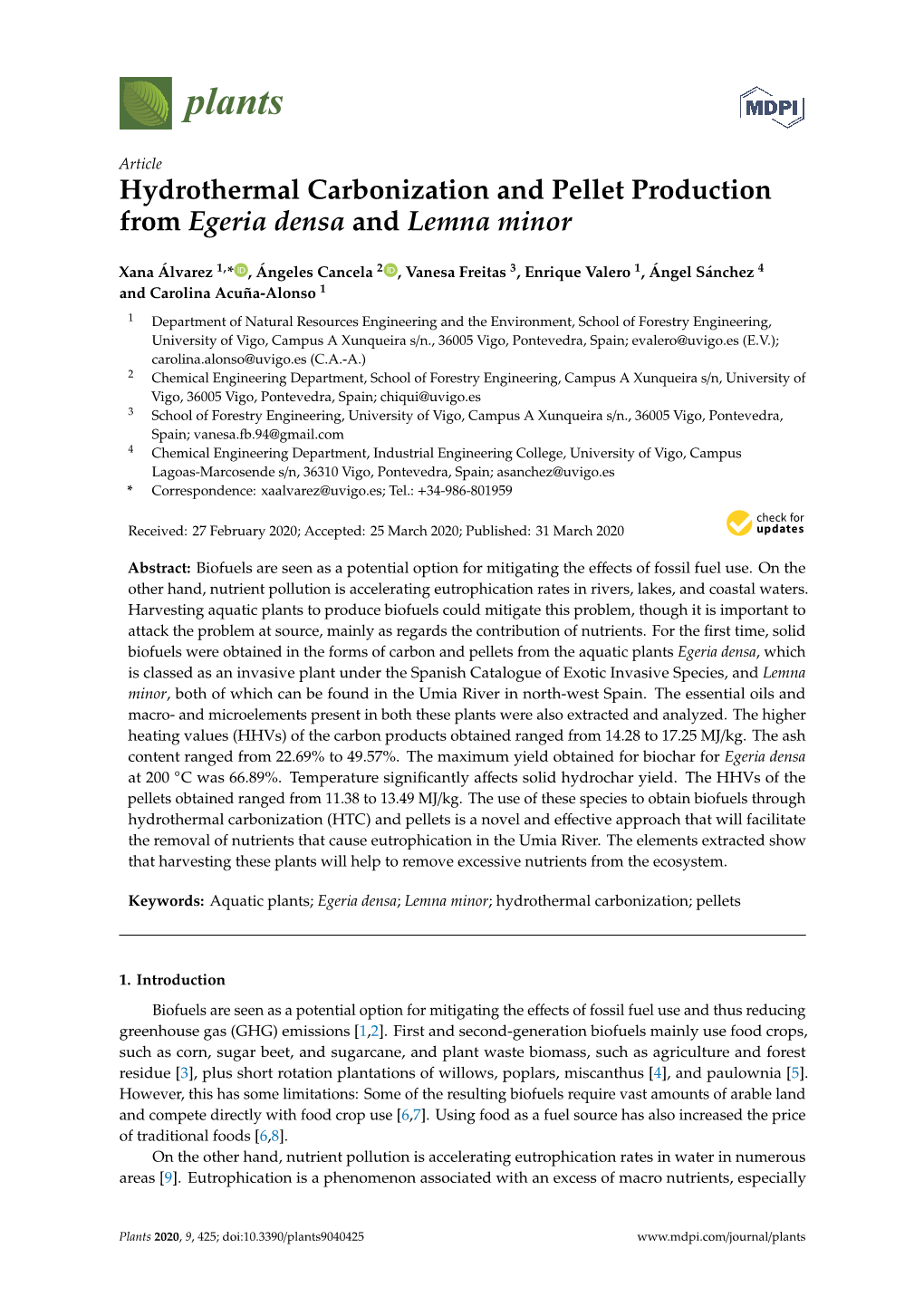 Hydrothermal Carbonization and Pellet Production from Egeria Densa and Lemna Minor