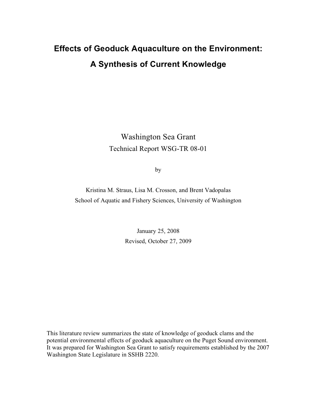 Effects of Geoduck Aquaculture on the Environment: a Synthesis of Current Knowledge