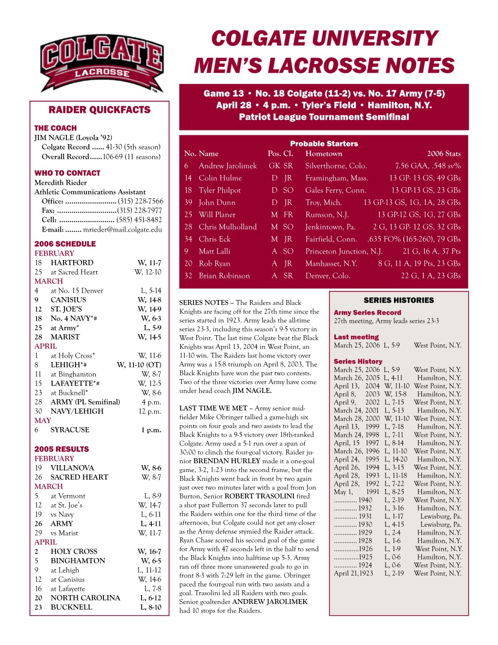 Colgate University Men's Lacrosse Notes