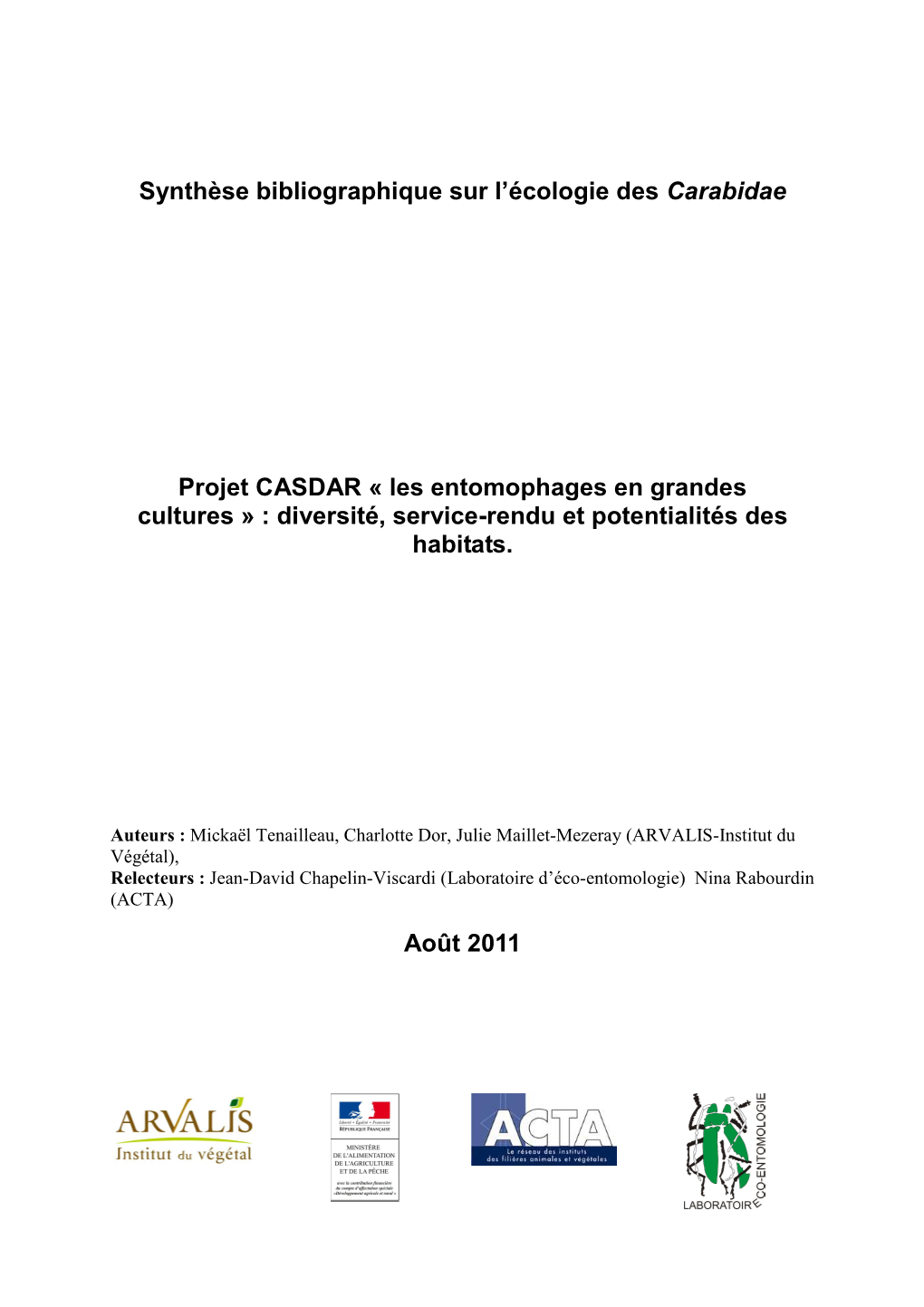 Synthèse Bibliographique Sur L'écologie Des Carabidae Projet