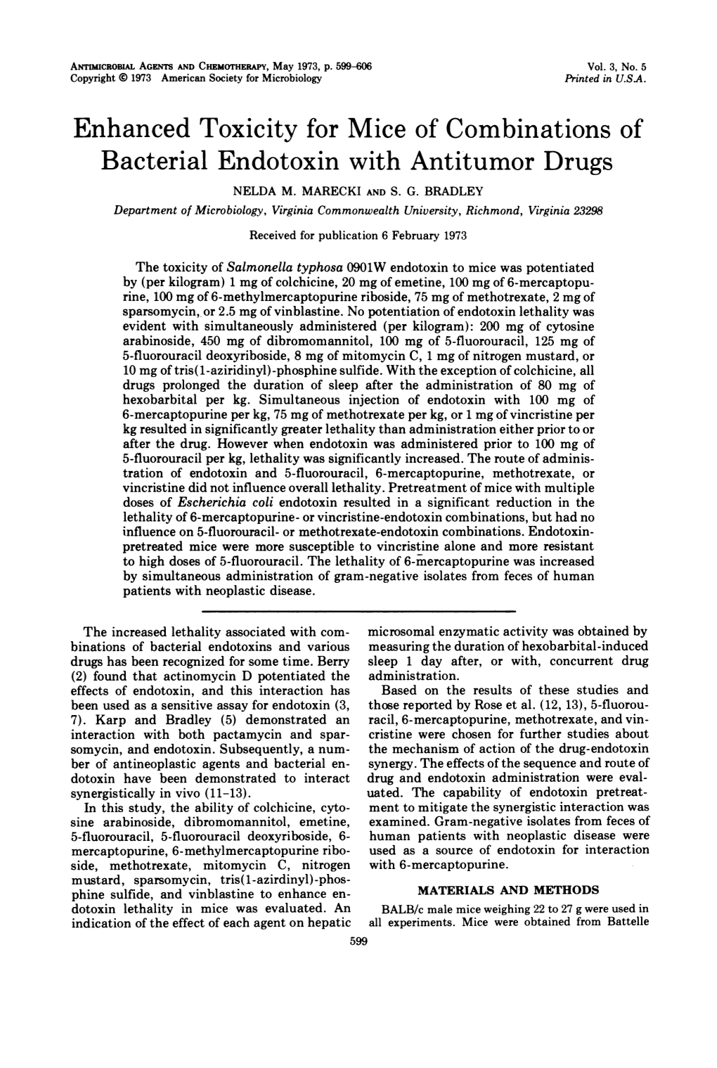 Enhanced Toxicity for Mice of Combinations of Bacterial Endotoxin with Antitumor Drugs