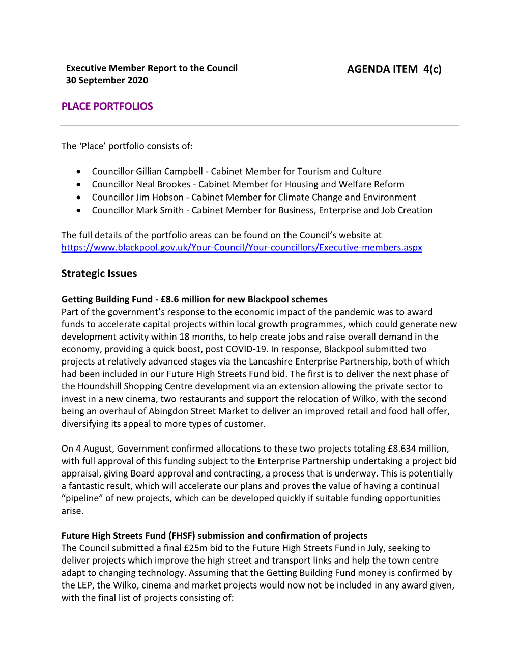 AGENDA ITEM 4(C) PLACE PORTFOLIOS Strategic Issues