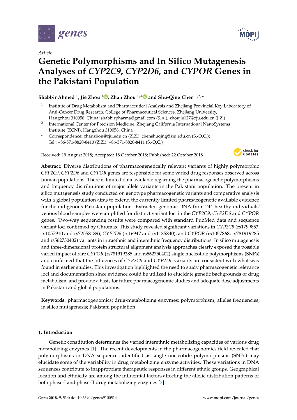 Genetic Polymorphisms and in Silico Mutagenesis Analyses of CYP2C9, CYP2D6, and CYPOR Genes in the Pakistani Population