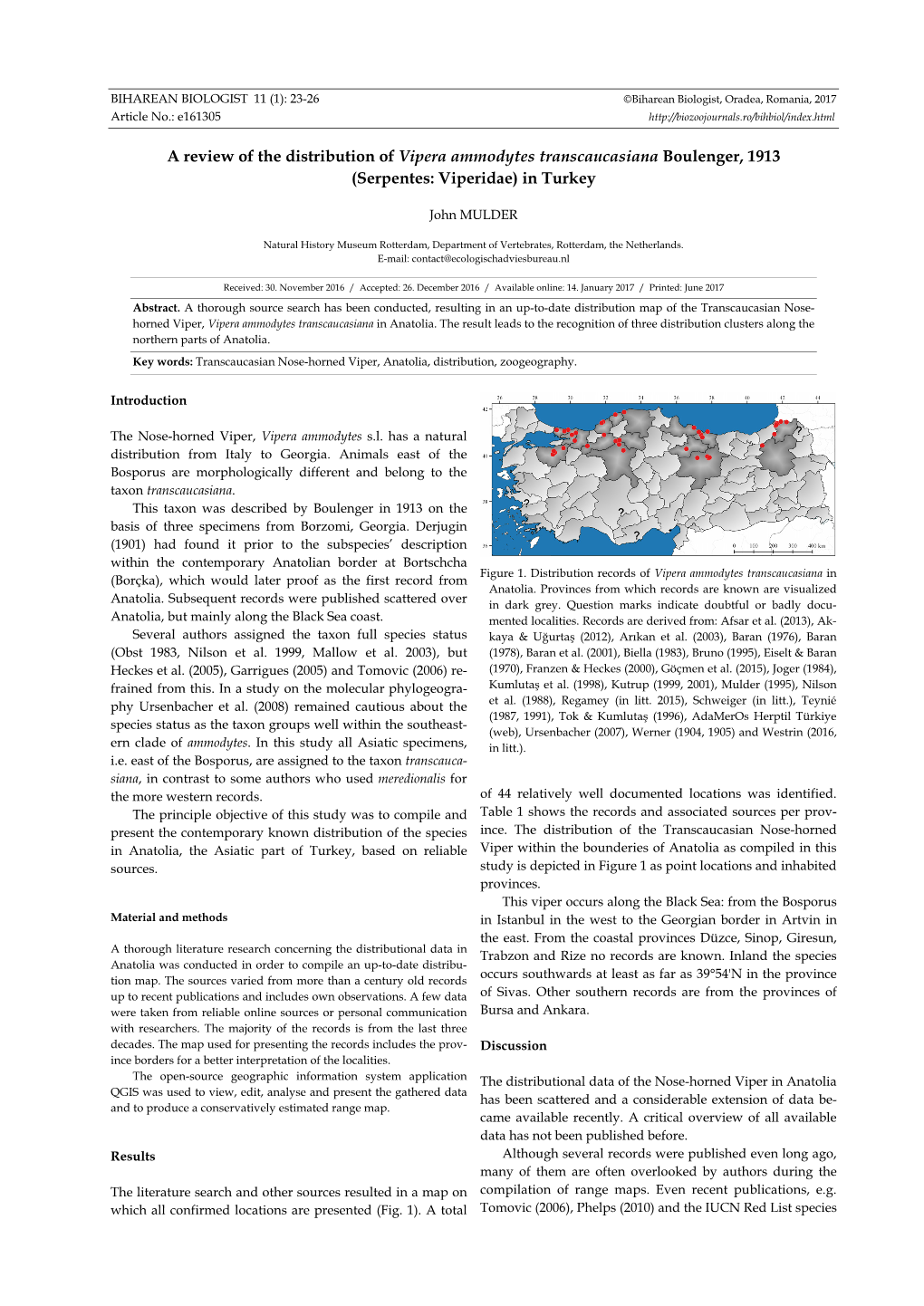 A Review of the Distribution of Vipera Ammodytes Transcaucasiana Boulenger, 1913 (Serpentes: Viperidae) in Turkey