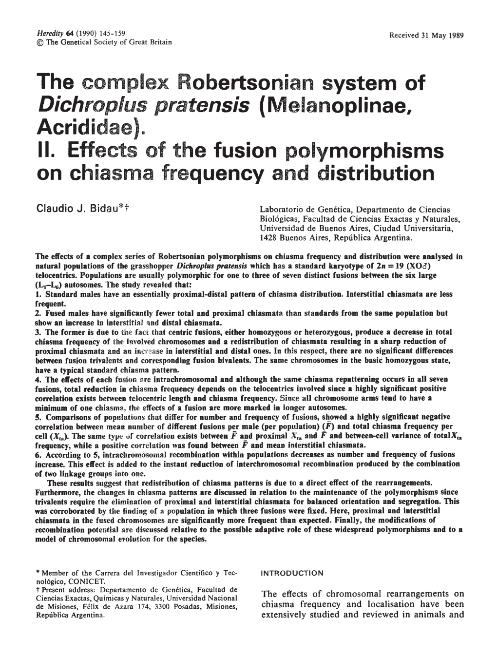 Robertsonian System of Dichroplus Pratensis (Melanoplinae, On