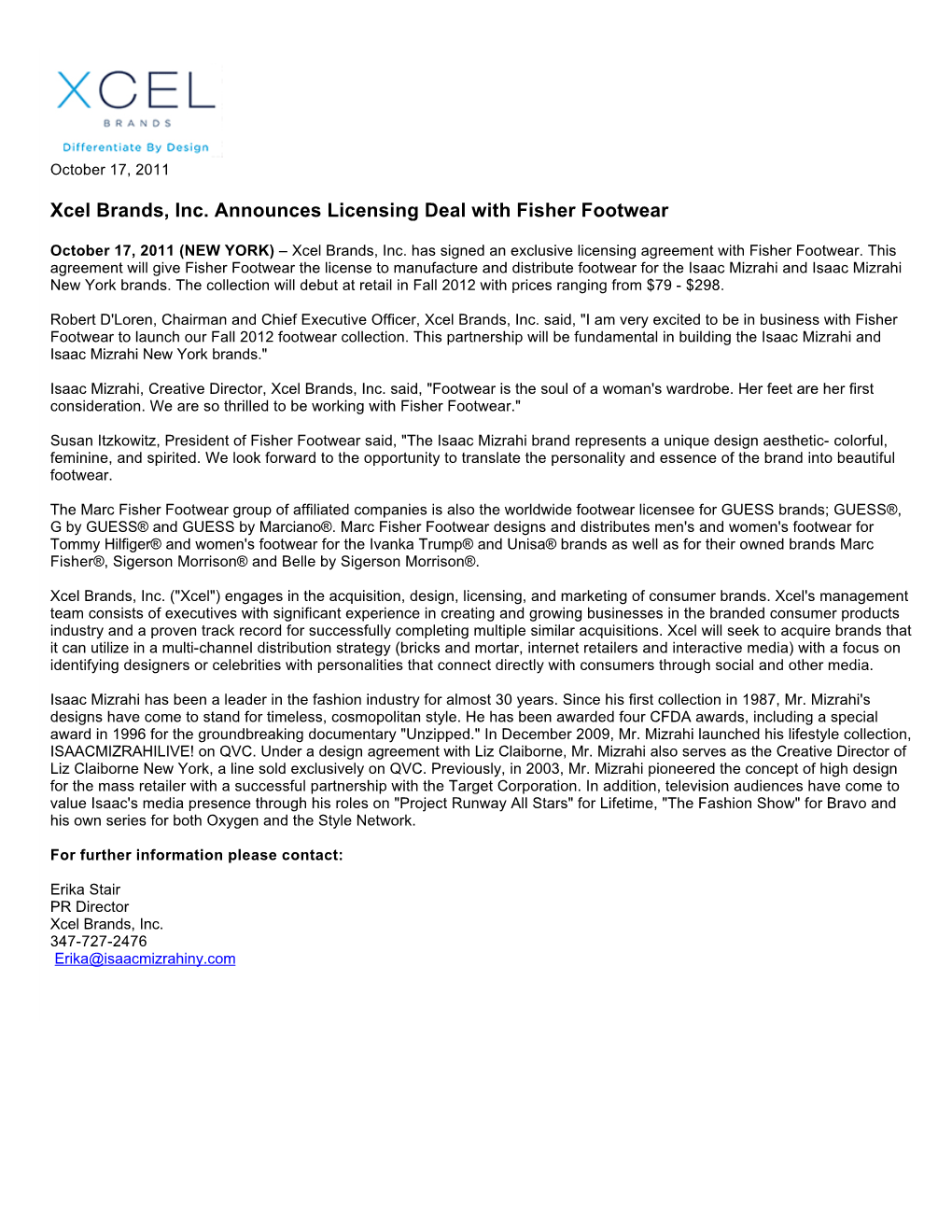 Xcel Brands, Inc. Announces Licensing Deal with Fisher Footwear