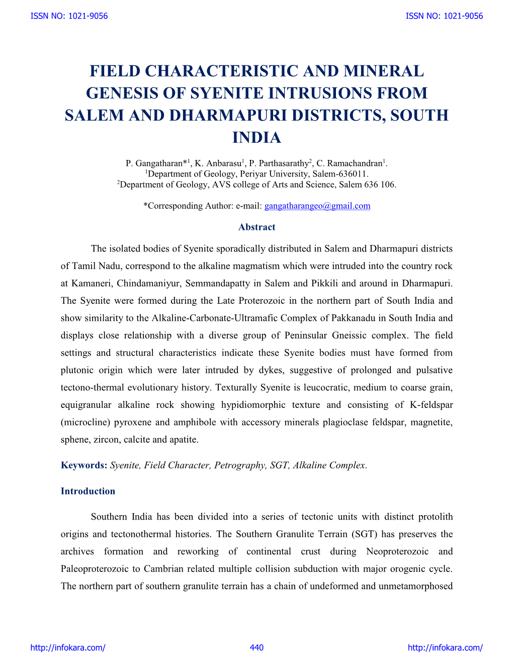 Field Characteristic and Mineral Genesis of Syenite Intrusions from Salem and Dharmapuri Districts, South India