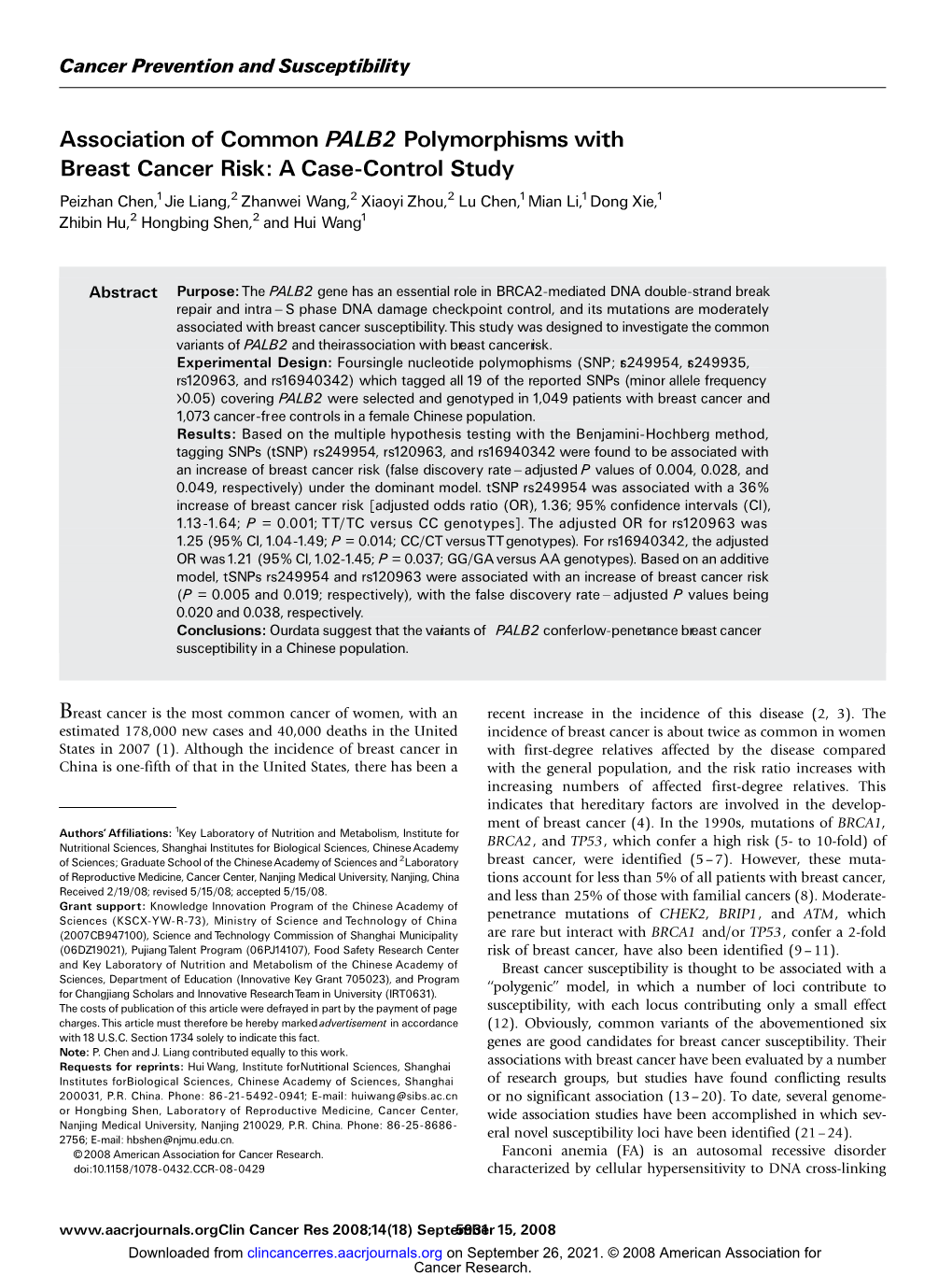 Association of Common PALB2 Polymorphisms with Breast Cancer Risk