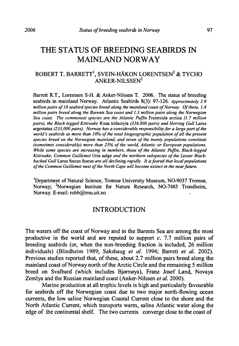 The Status of Breeding Seabirds in Mainland Norway