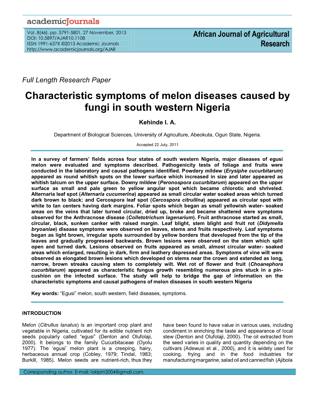 Characteristic Symptoms of Melon Diseases Caused by Fungi in South Western Nigeria