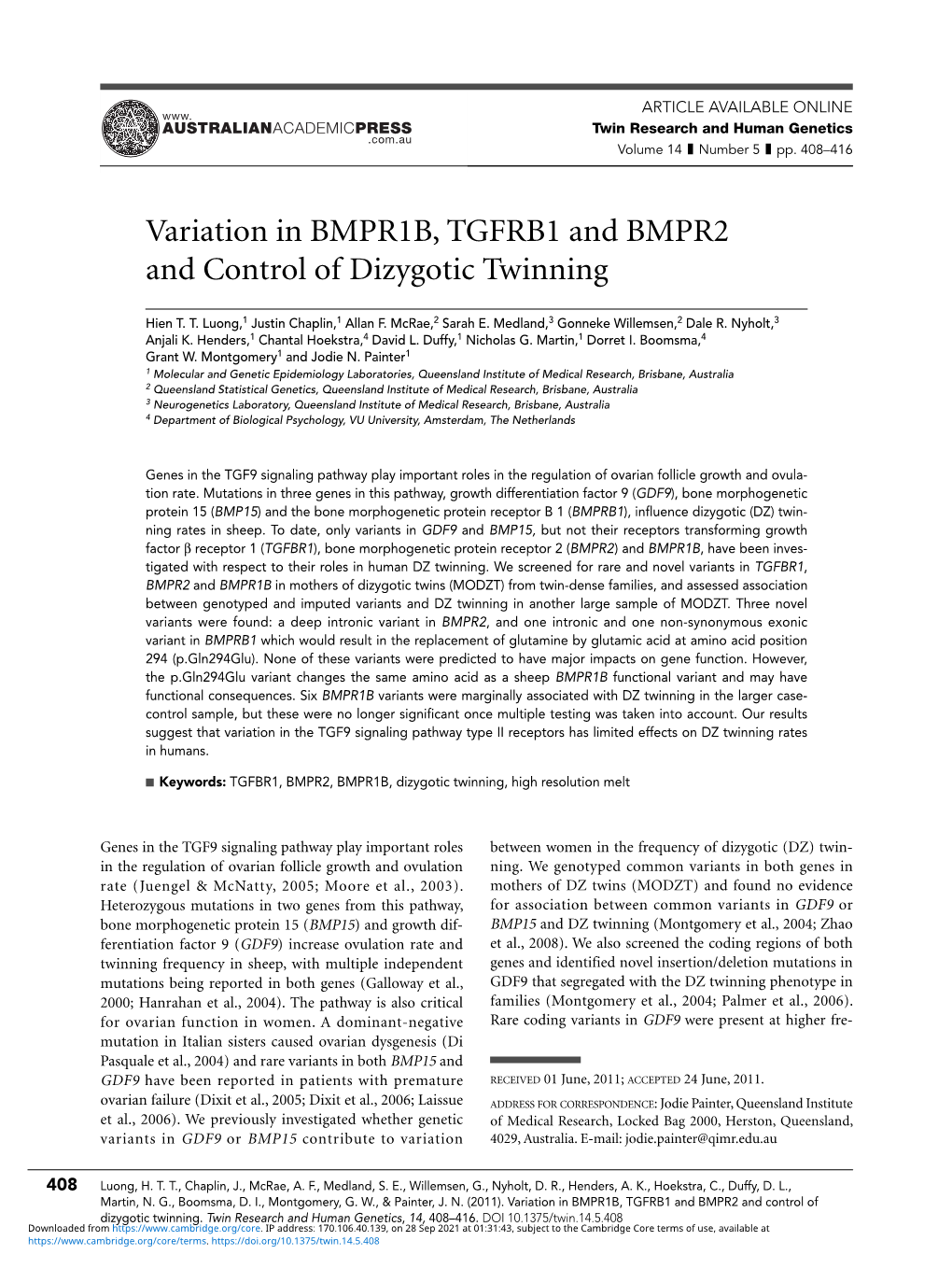 Variation in BMPR1B, TGFRB1 and BMPR2 and Control of Dizygotic Twinning