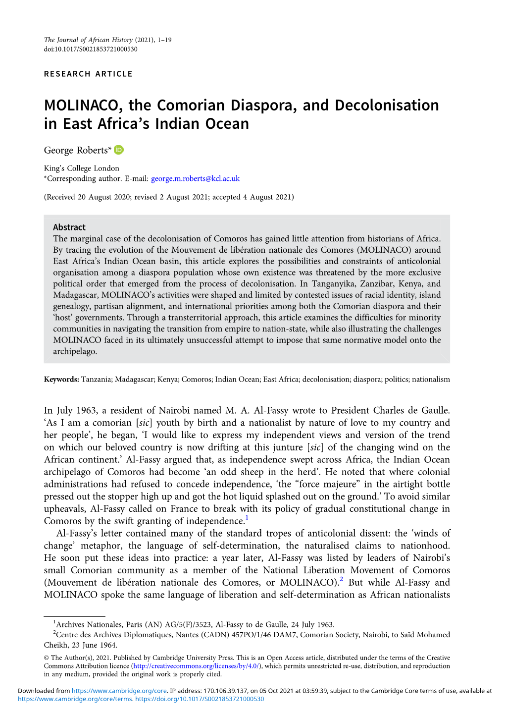 MOLINACO, the Comorian Diaspora, and Decolonisation in East Africa's