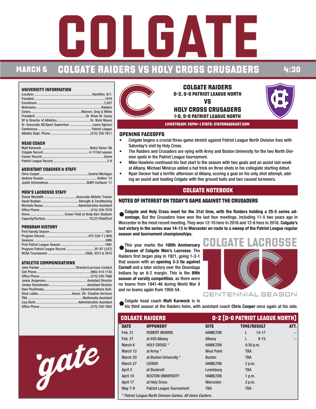 Colgate Raiders Vs Holy Cross Crusaders 4:30