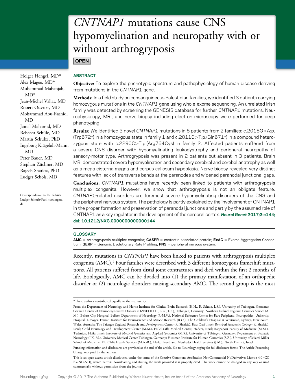 CNTNAP1 Mutations Cause CNS Hypomyelination and Neuropathy with Or Without Arthrogryposis