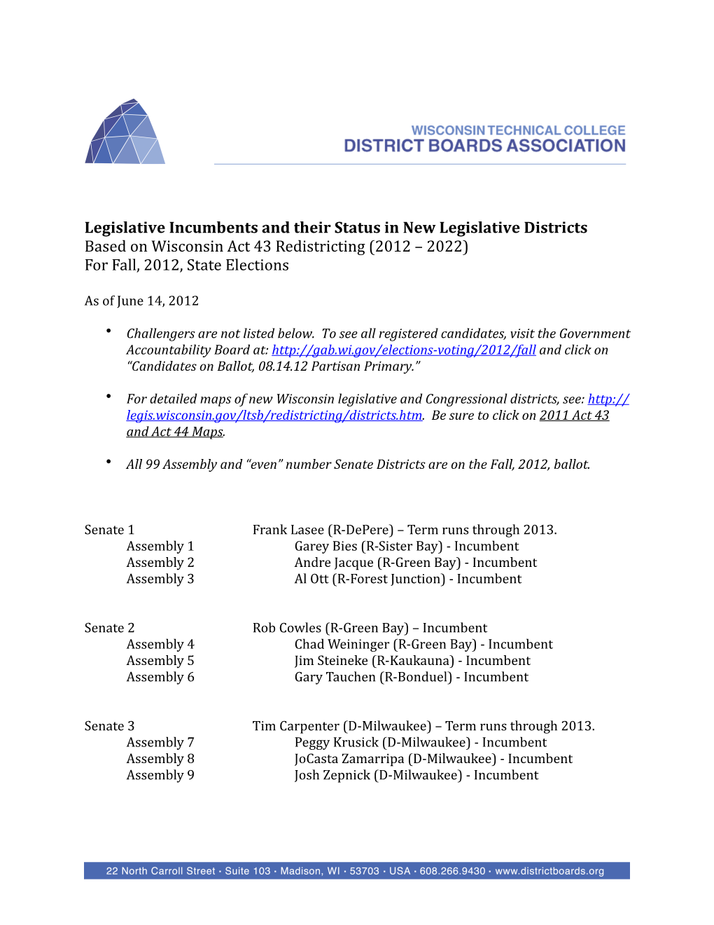 Legislative Incumbents and Their Status in New Legislative Districts Based on Wisconsin Act 43 Redistricting (2012 – 2022) for Fall, 2012, State Elections