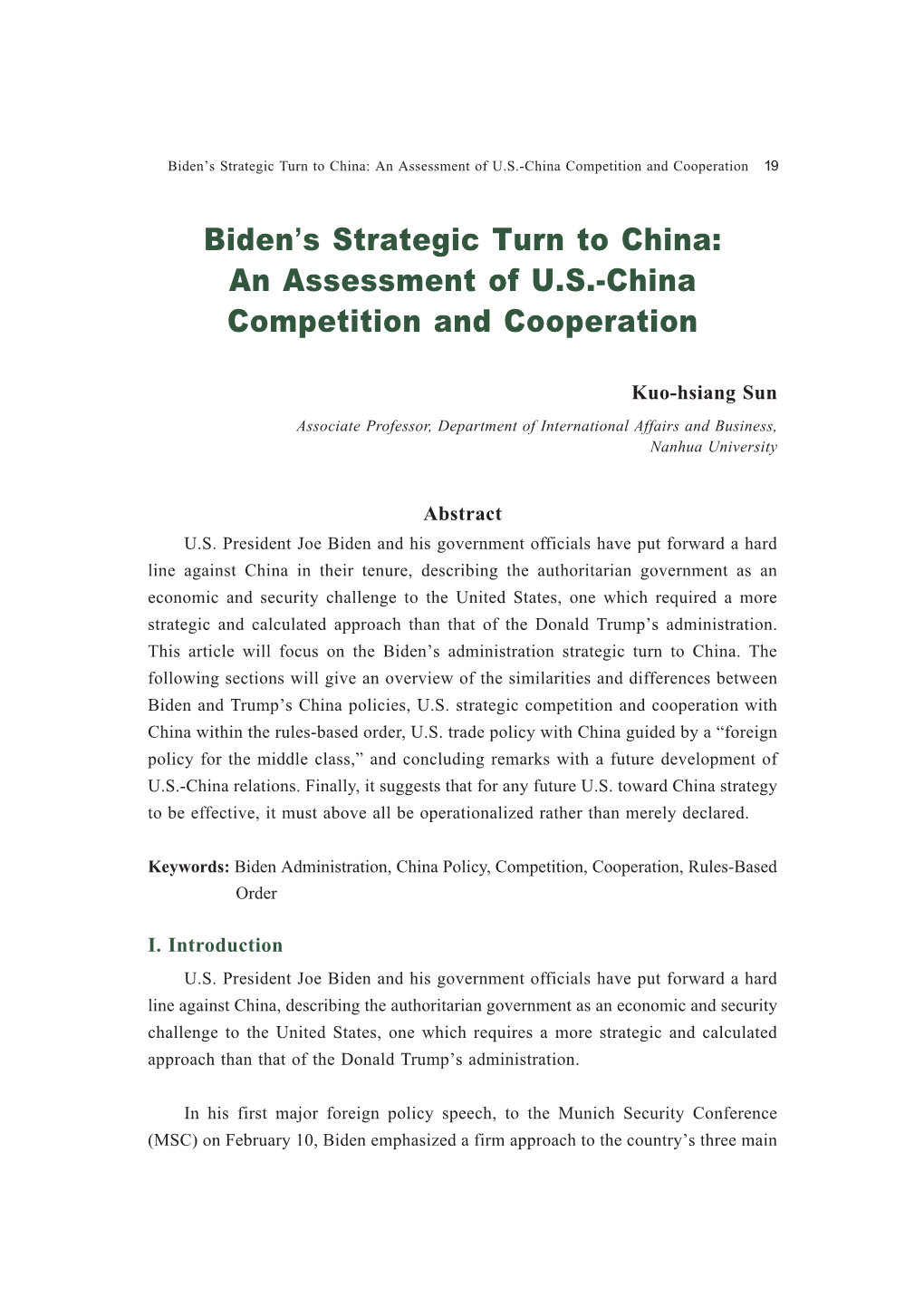 Biden's Strategic Turn to China: an Assessment of U.S.-China Competition and Cooperation
