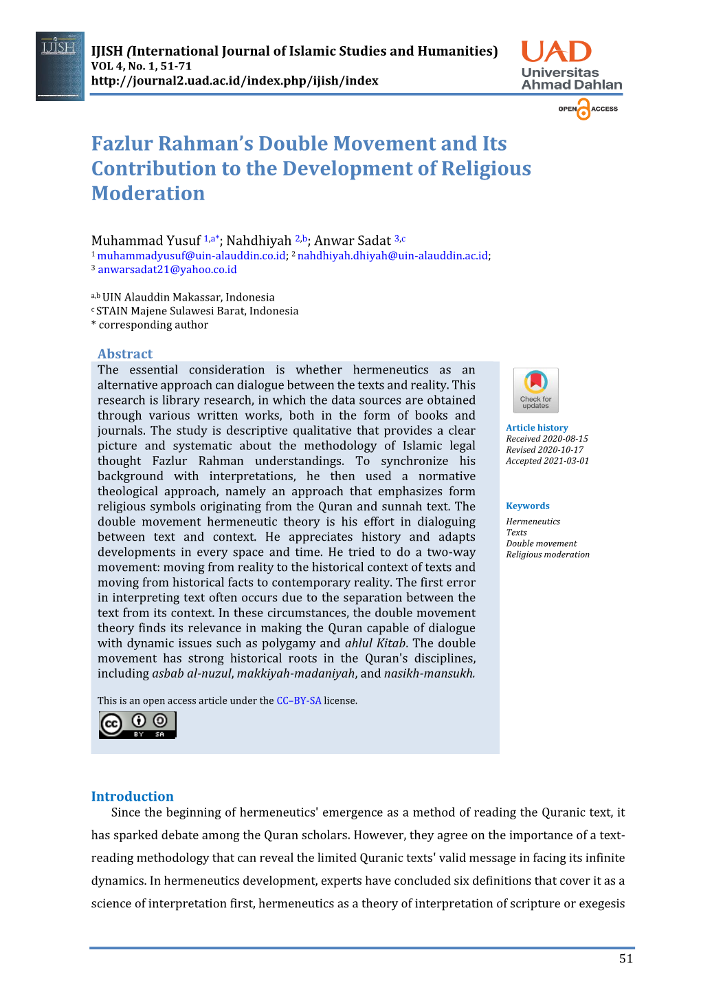 Fazlur Rahman's Double Movement and Its Contribution to The