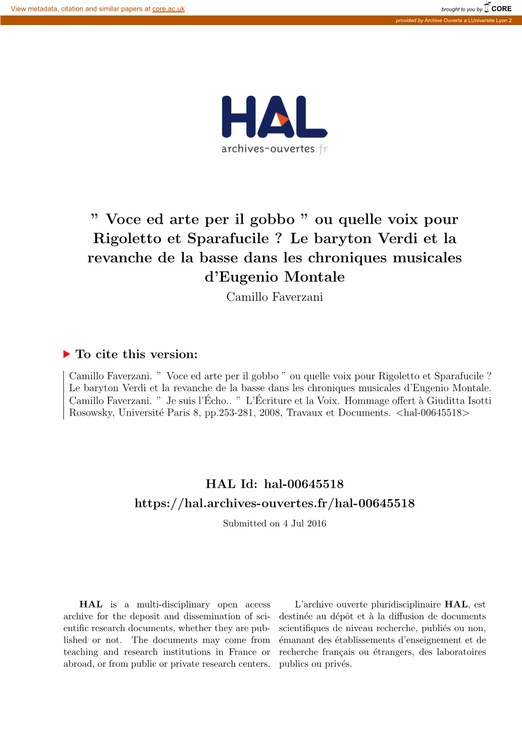 Ou Quelle Voix Pour Rigoletto Et Sparafucile ? Le Baryton Verdi Et La Revanche De La Basse Dans Les Chroniques Musicales D’Eugenio Montale Camillo Faverzani