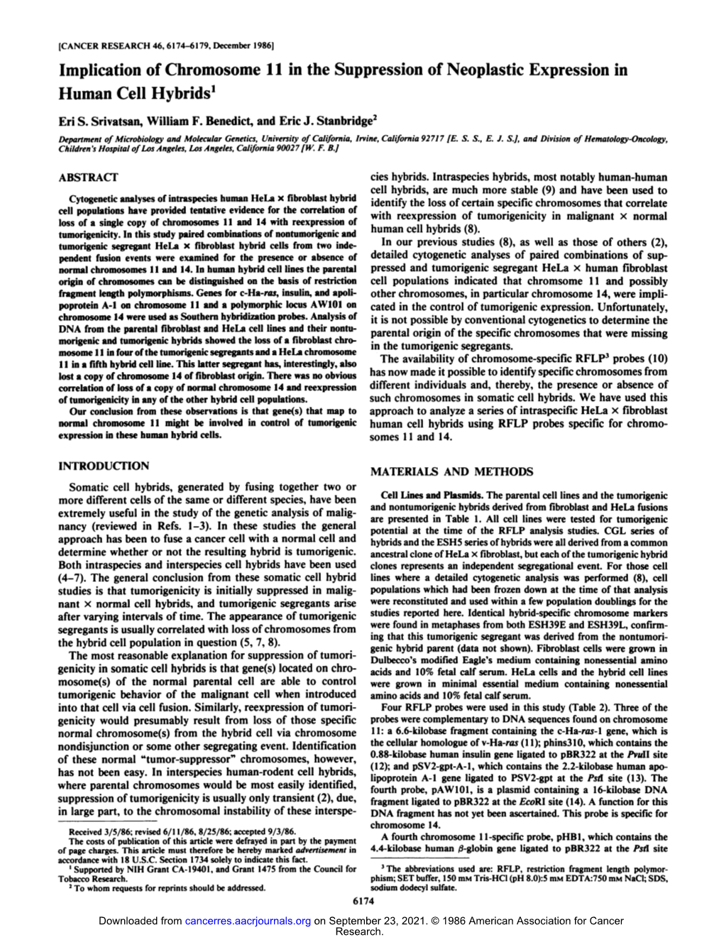 Implication of Chromosome 11 in the Suppression of Neoplastic Expression in Human Cell Hybrids1