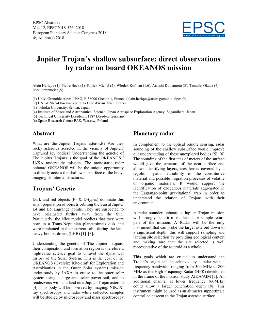 Jupiter Trojan's Shallow Subsurface: Direct Observations by Radar on Board OKEANOS Mission