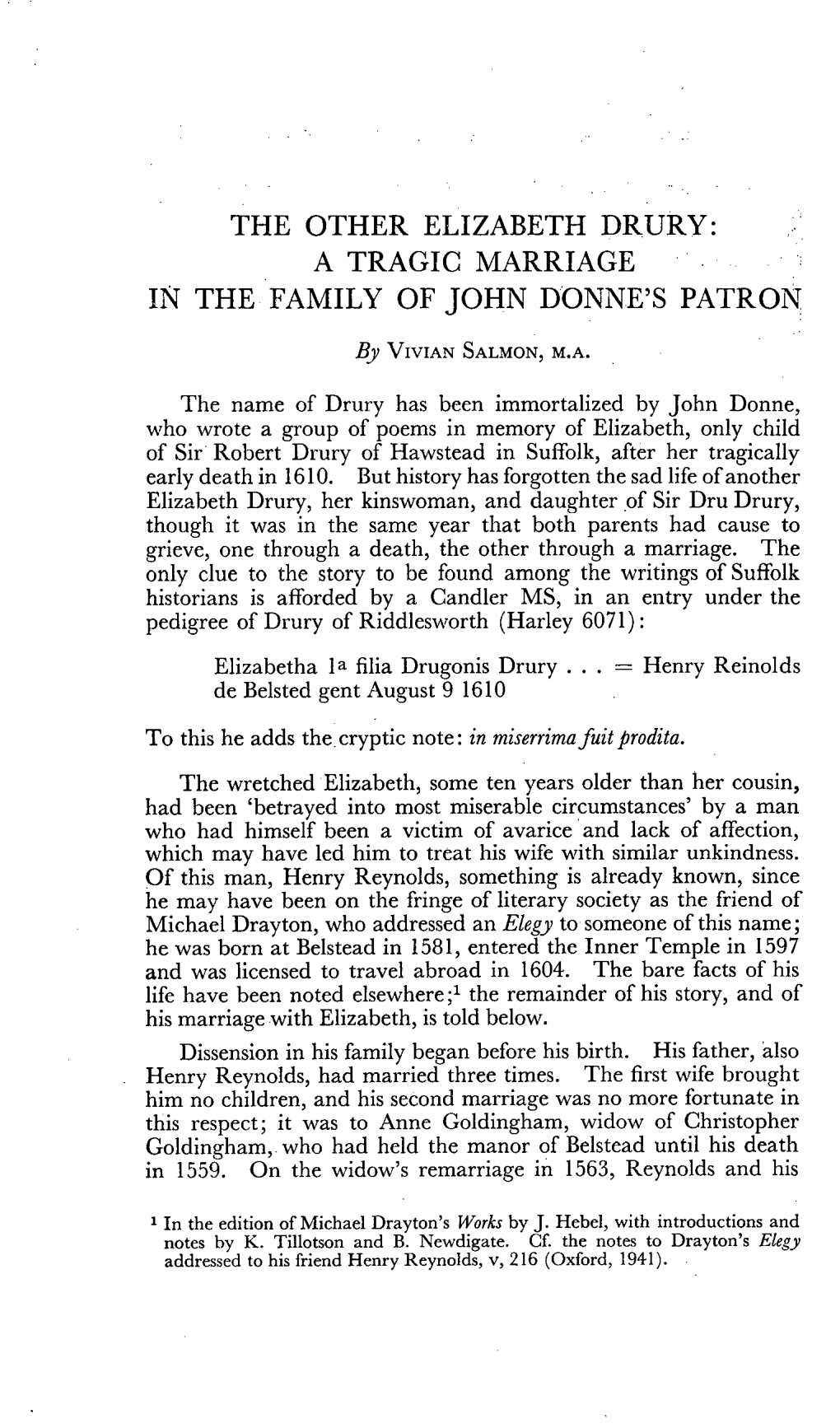 The Other Elizabeth Drury:� a Tragic Marriage� in the Family of John Donne's Patron