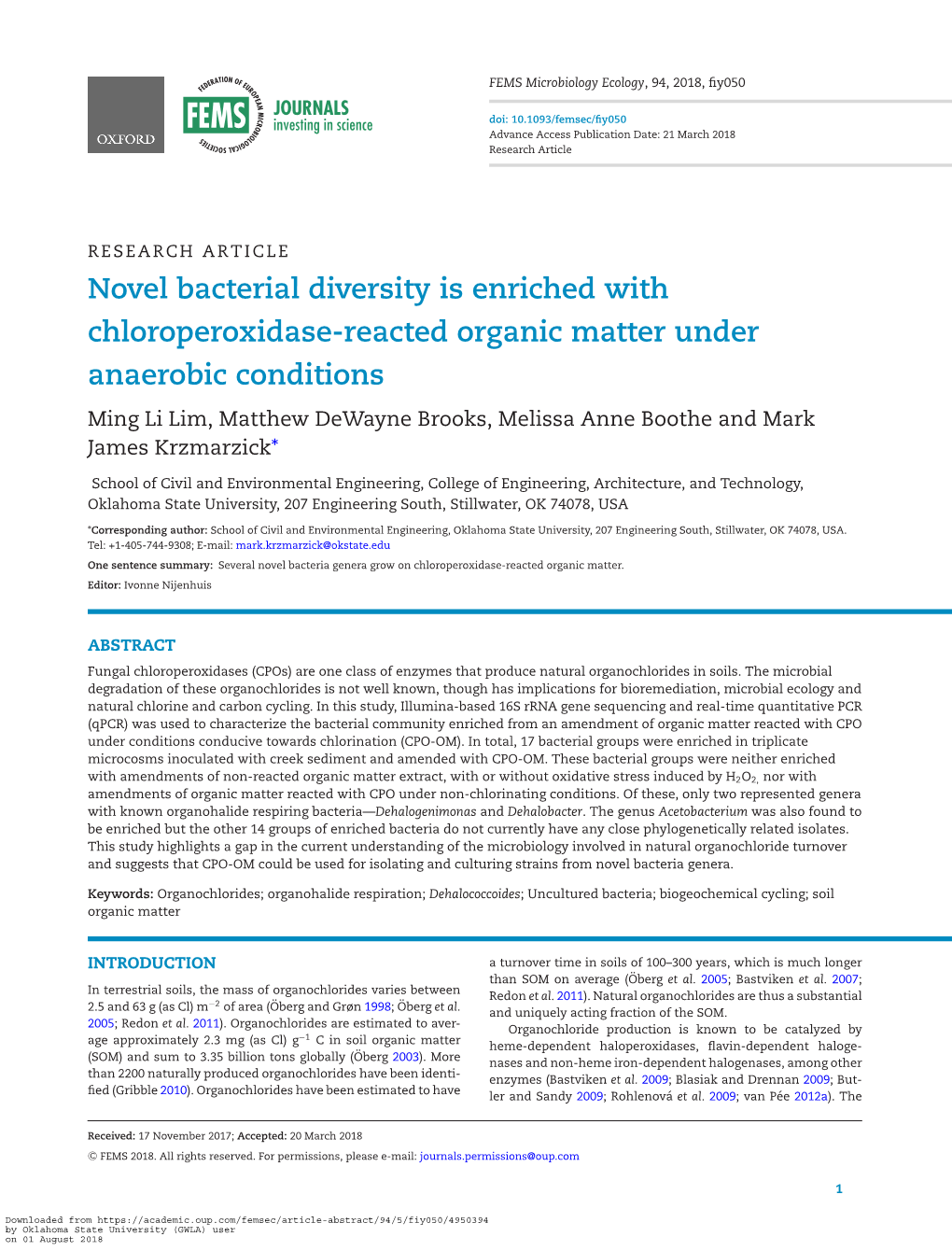 Novel Bacterial Diversity Is Enriched with Chloroperoxidase-Reacted Organic Matter Under Anaerobic Conditions