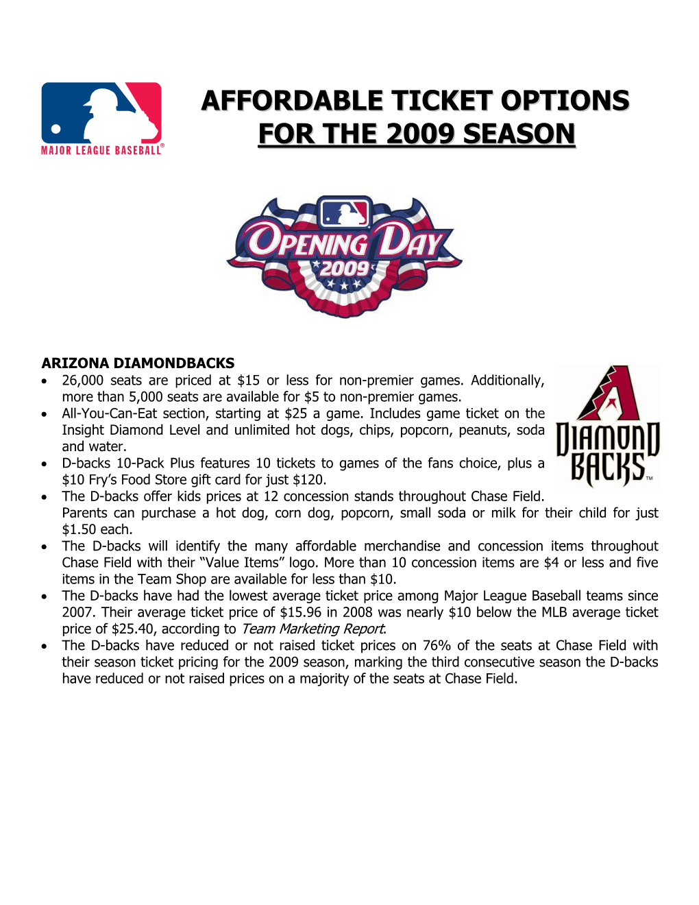 MLB's 2009 Affordable Ticket Summary