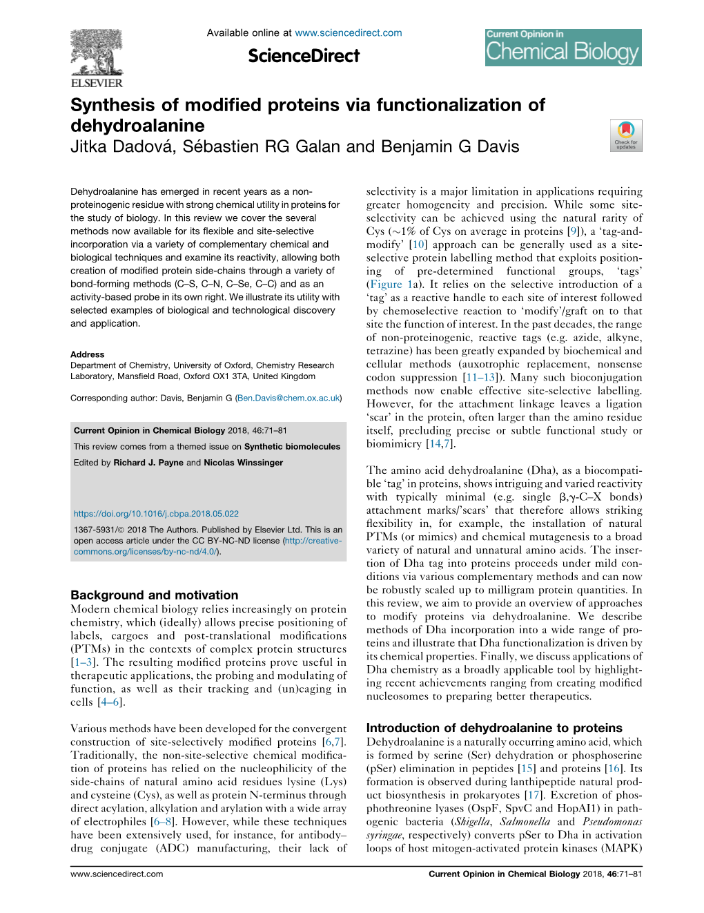 Synthesis of Modified Proteins Via Functionalization of Dehydroalanine