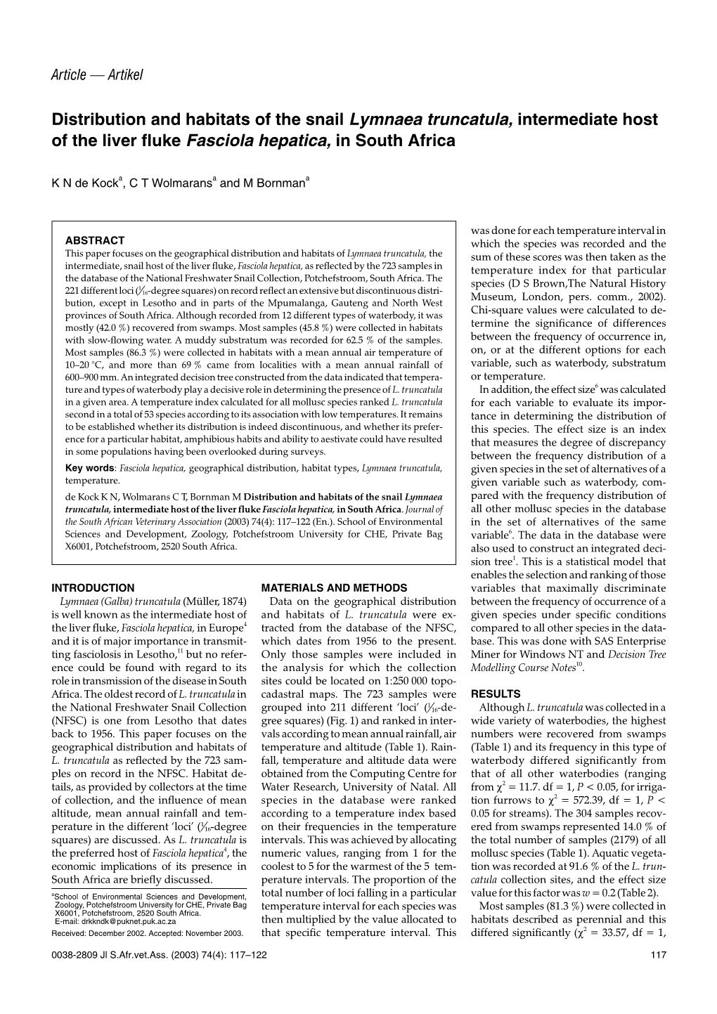 Distribution and Habitats of the Snail Lymnaea Truncatula, Intermediate Host of the Liver Fluke Fasciola Hepatica, in South Africa