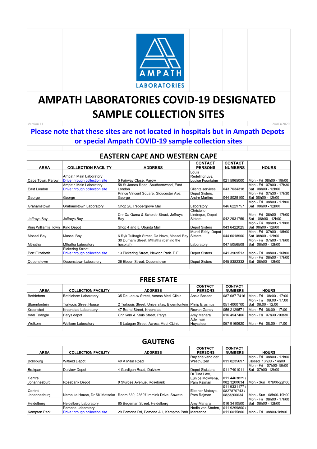 Ampath Designated Covid-19 Sample Collection Sites V.11