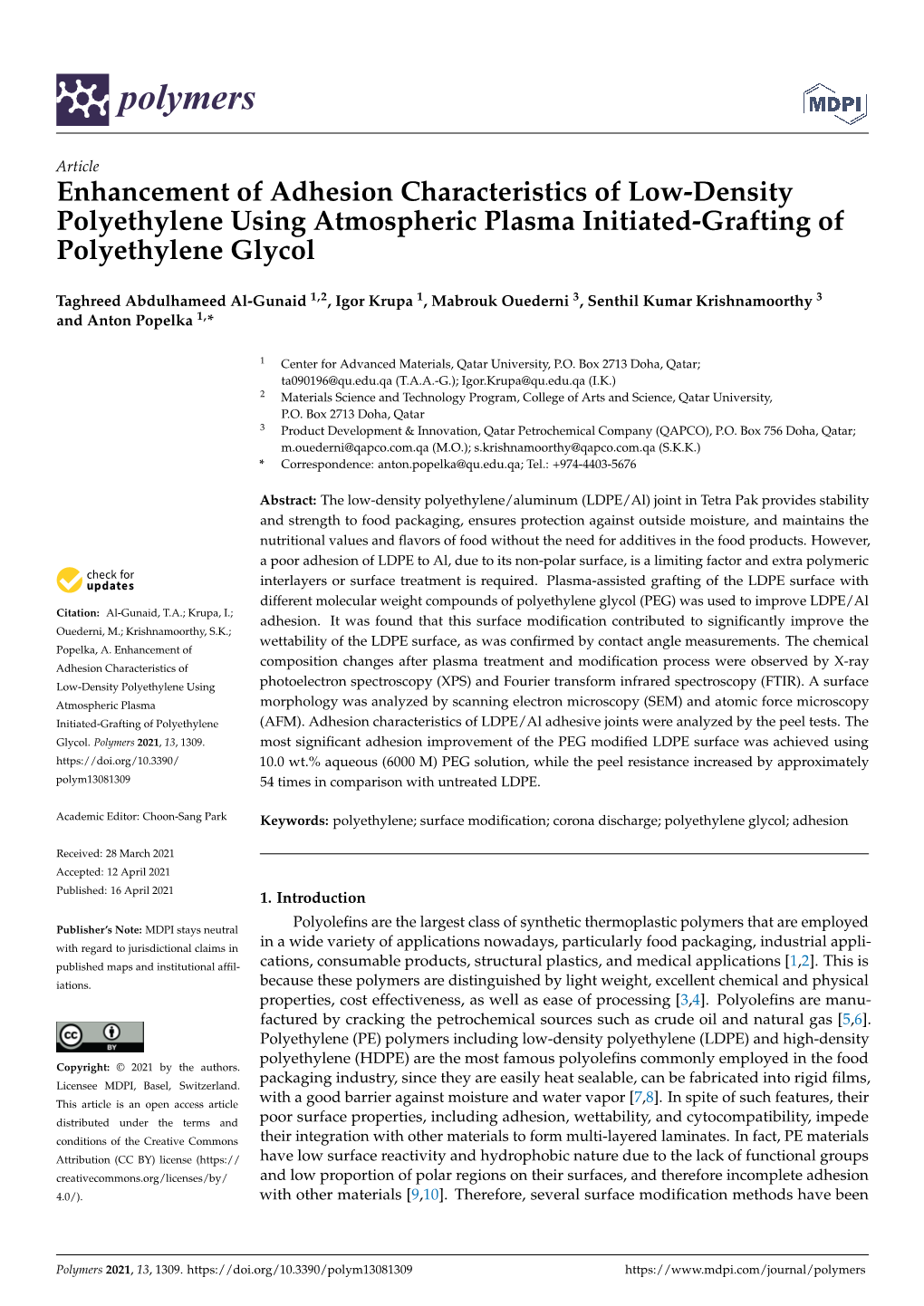 Enhancement of Adhesion Characteristics of Low-Density Polyethylene Using Atmospheric Plasma Initiated-Grafting of Polyethylene Glycol