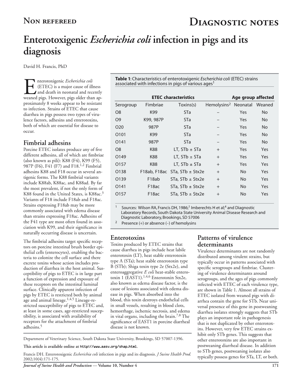 Enterotoxigenic Escherichia Coli Infection in Pigs and Its Diagnosis