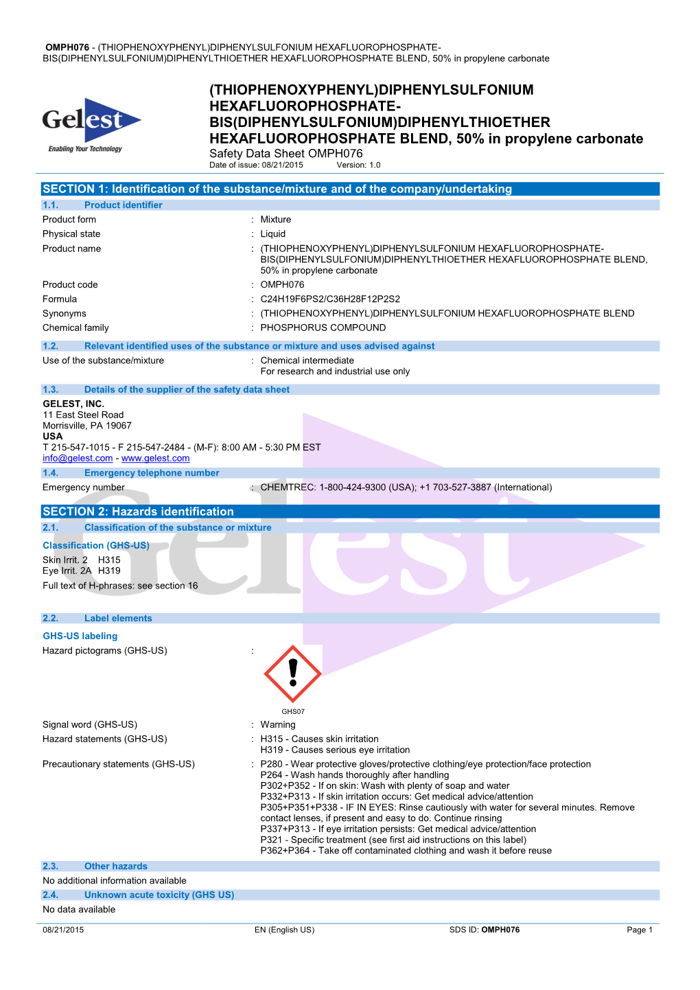 (THIOPHENOXYPHENYL)DIPHENYLSULFONIUM HEXAFLUOROPHOSPHATE- BIS(DIPHENYLSULFONIUM)DIPHENYLTHIOETHER HEXAFLUOROPHOSPHATE BLEND, 50% in Propylene Carbonate