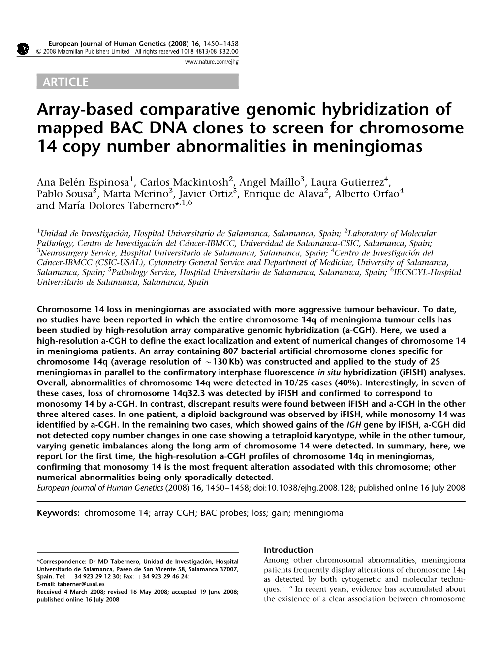 Array-Based Comparative Genomic Hybridization of Mapped BAC DNA Clones to Screen for Chromosome 14 Copy Number Abnormalities in Meningiomas