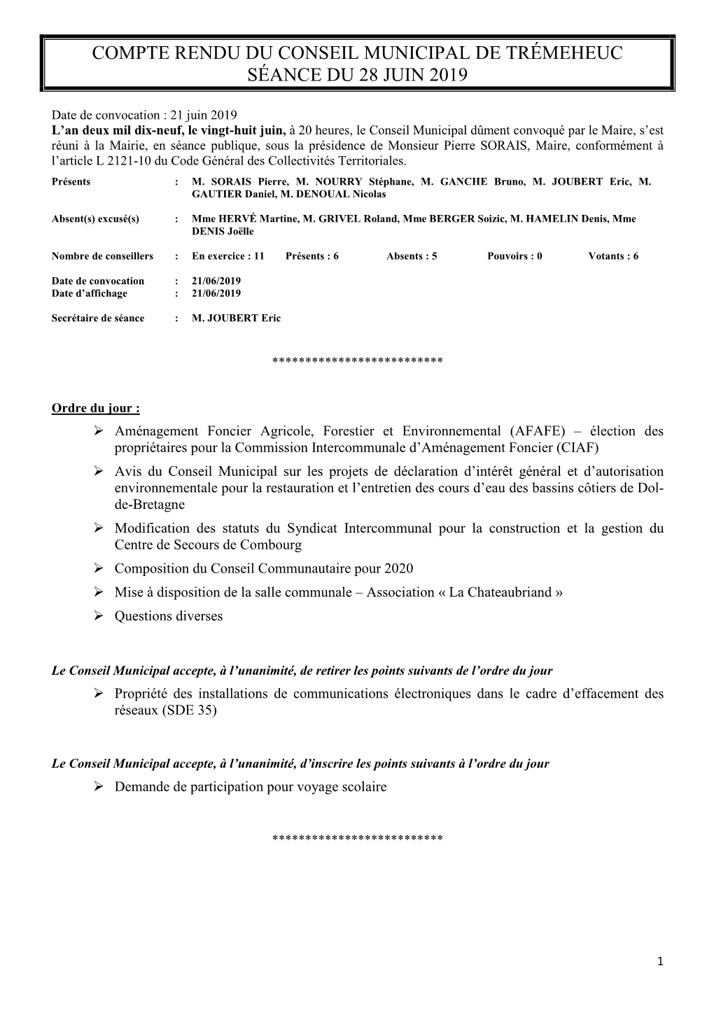 Compte Rendu Du Conseil Municipal De Trémeheuc Séance Du 28 Juin 2019