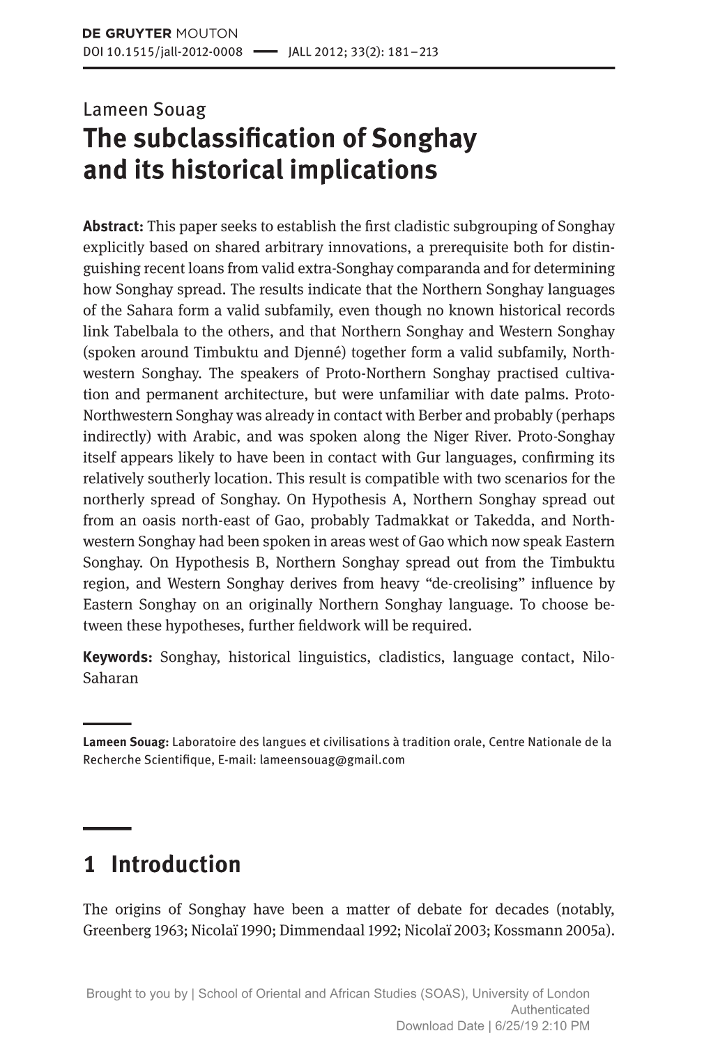 The Subclassification of Songhay and Its Historical Implications