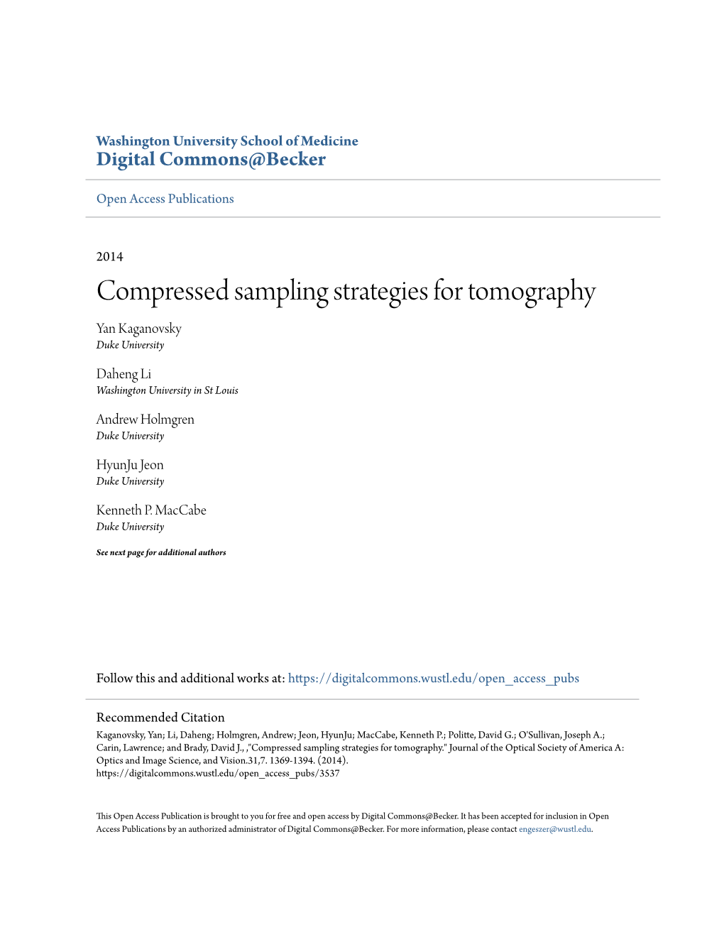 Compressed Sampling Strategies for Tomography Yan Kaganovsky Duke University