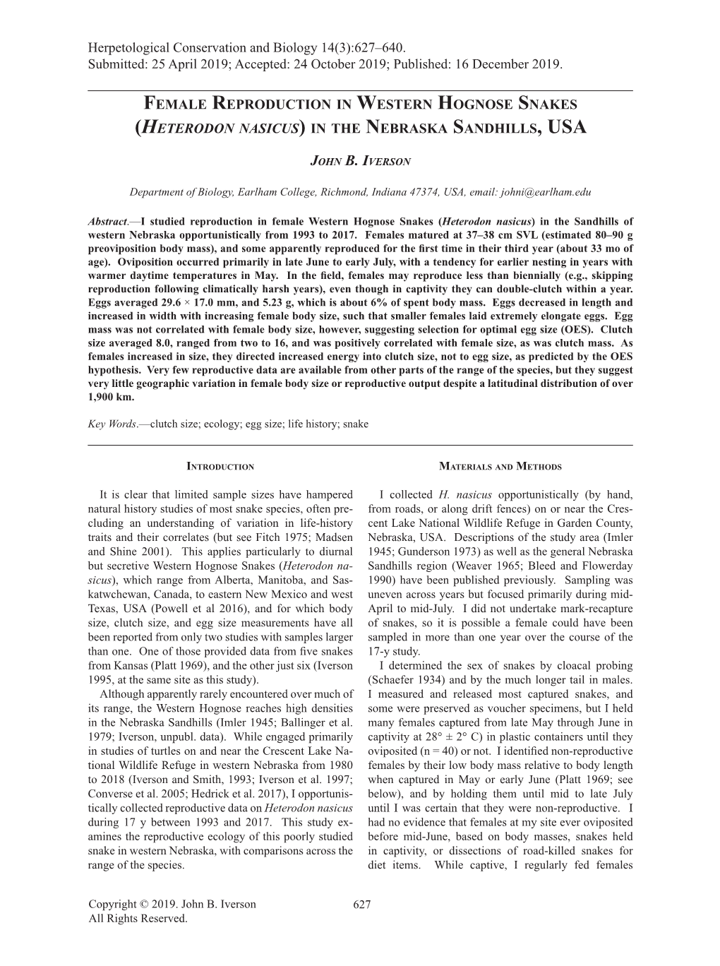 Female Reproduction in Western Hognose Snakes (Heterodon Nasicus) in the Nebraska Sandhills, USA