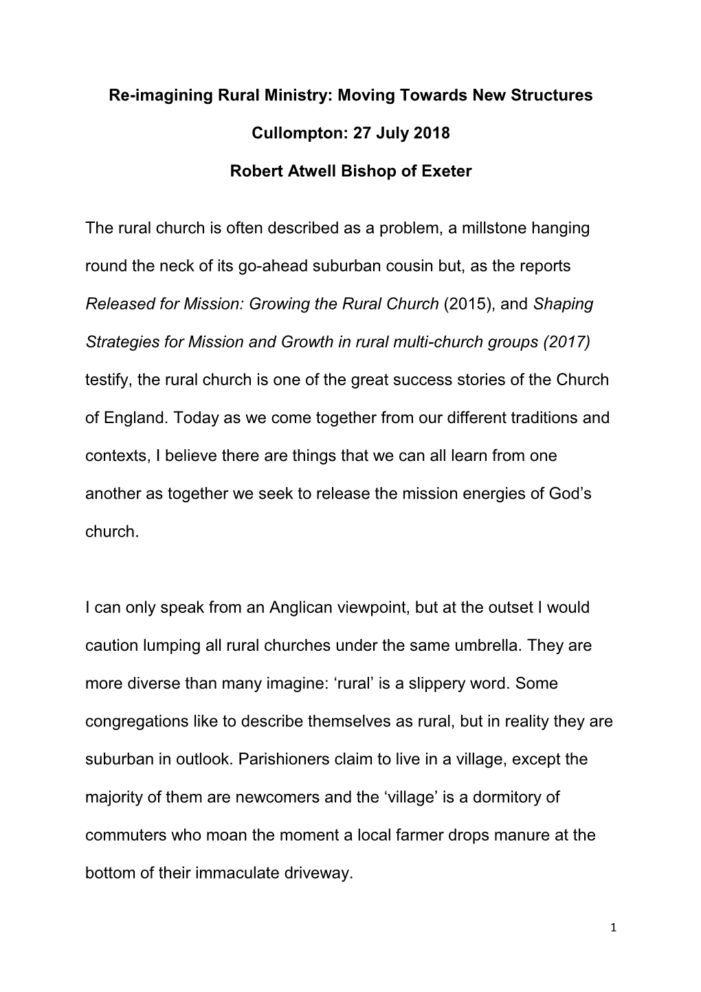 27 July 2018 Robert Atwell Bishop Of