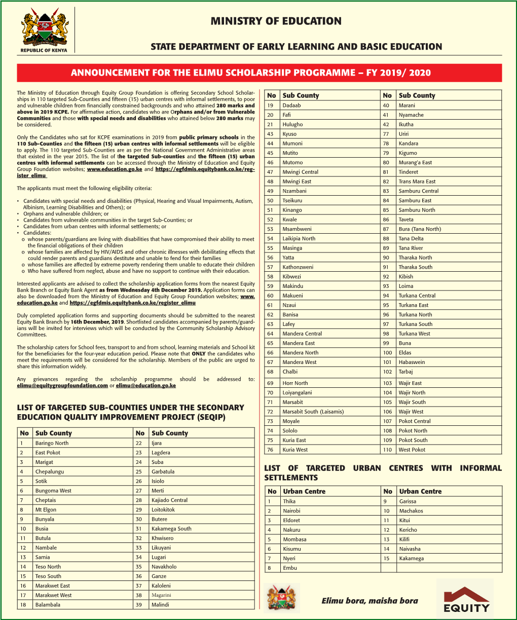 Announcement of the Elimu Scholarship Programme Fy 2019-2020