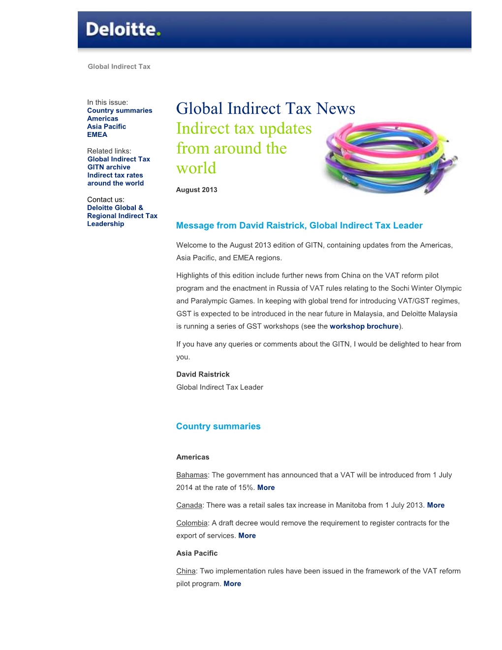 Global Indirect Tax News, August 2013