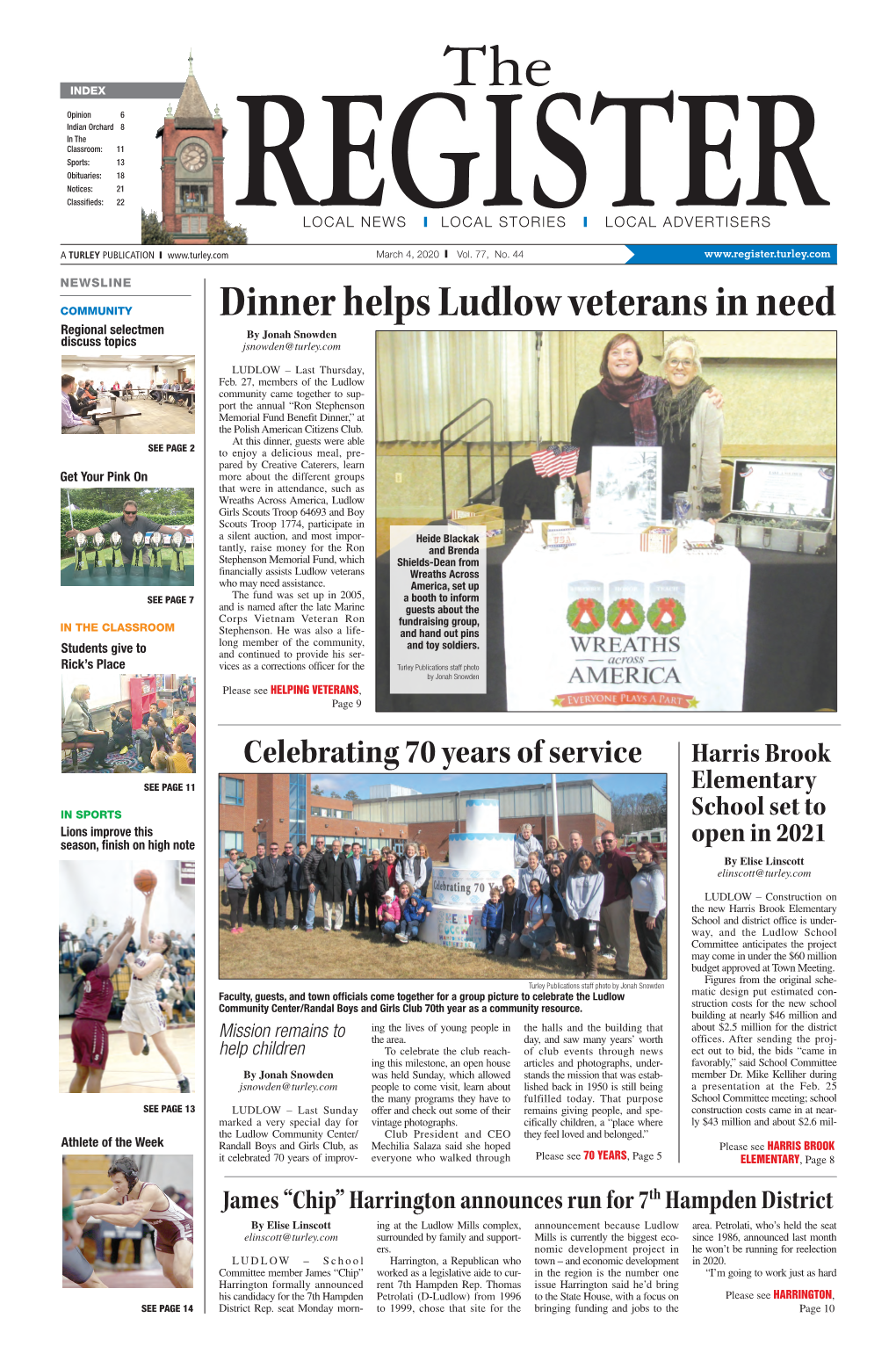 Dinner Helps Ludlow Veterans in Need Regional Selectmen by Jonah Snowden Discuss Topics Jsnowden@Turley.Com