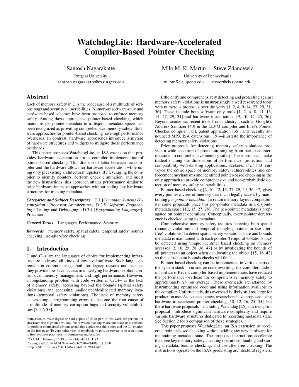 Watchdoglite: Hardware-Accelerated Compiler-Based Pointer Checking