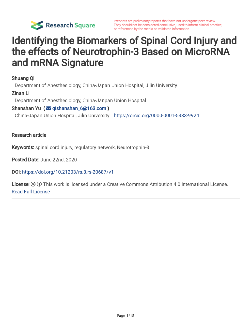 Identifying the Biomarkers of Spinal Cord Injury and the Effects of Neurotrophin-3 Based on Microrna and Mrna Signature