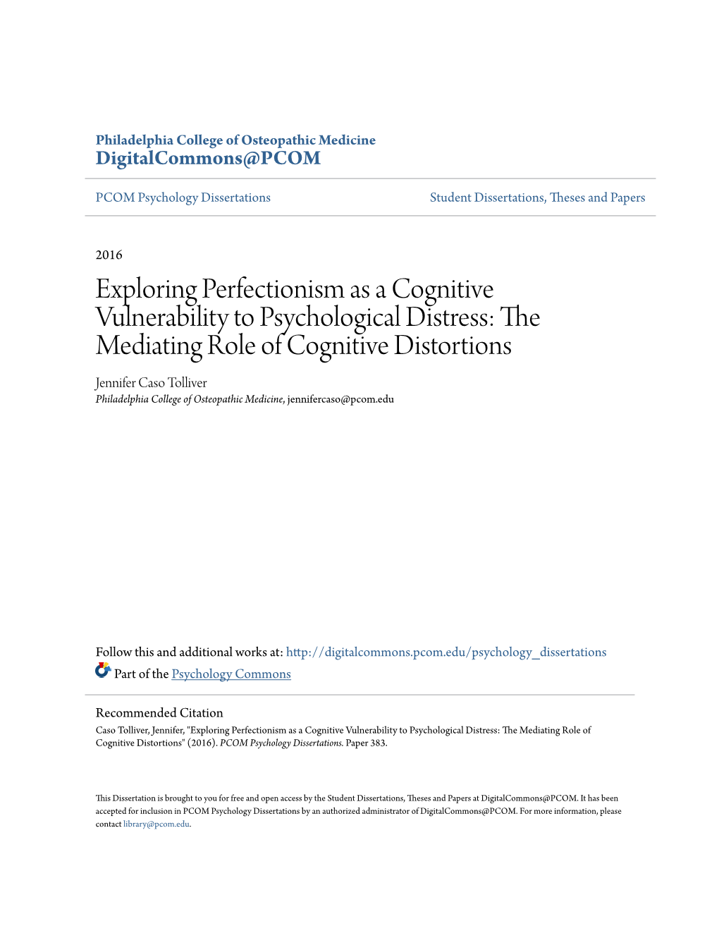 Exploring Perfectionism As a Cognitive Vulnerability to Psychological Distress