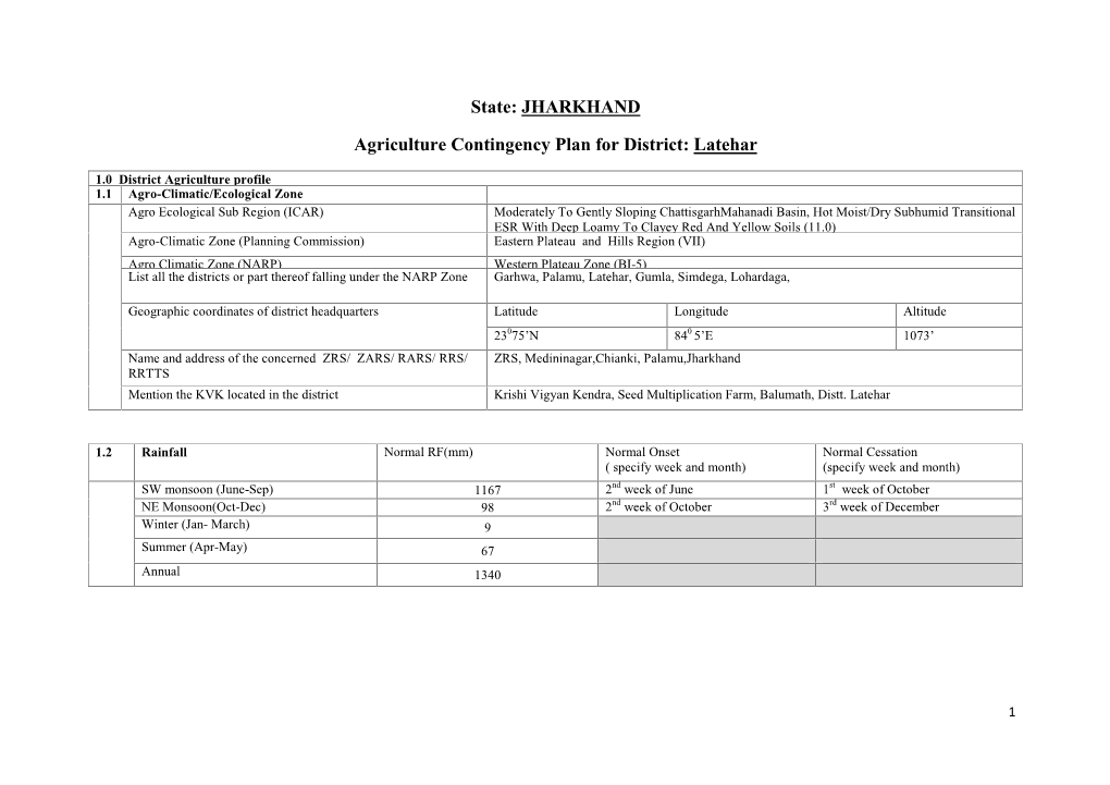 State: JHARKHAND Agriculture Contingency Plan for District: Latehar