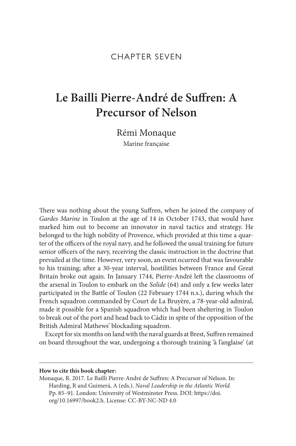 Le Bailli Pierre-André De Suffren: a Precursor of Nelson Rémi Monaque Marine Française