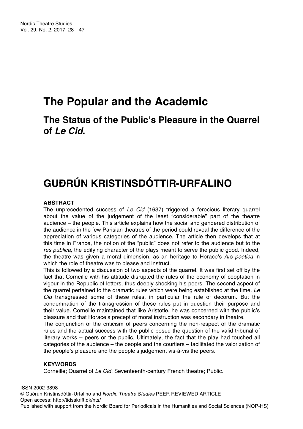 The Popular and the Academic the Status of the Public’S Pleasure in the Quarrel of Le Cid